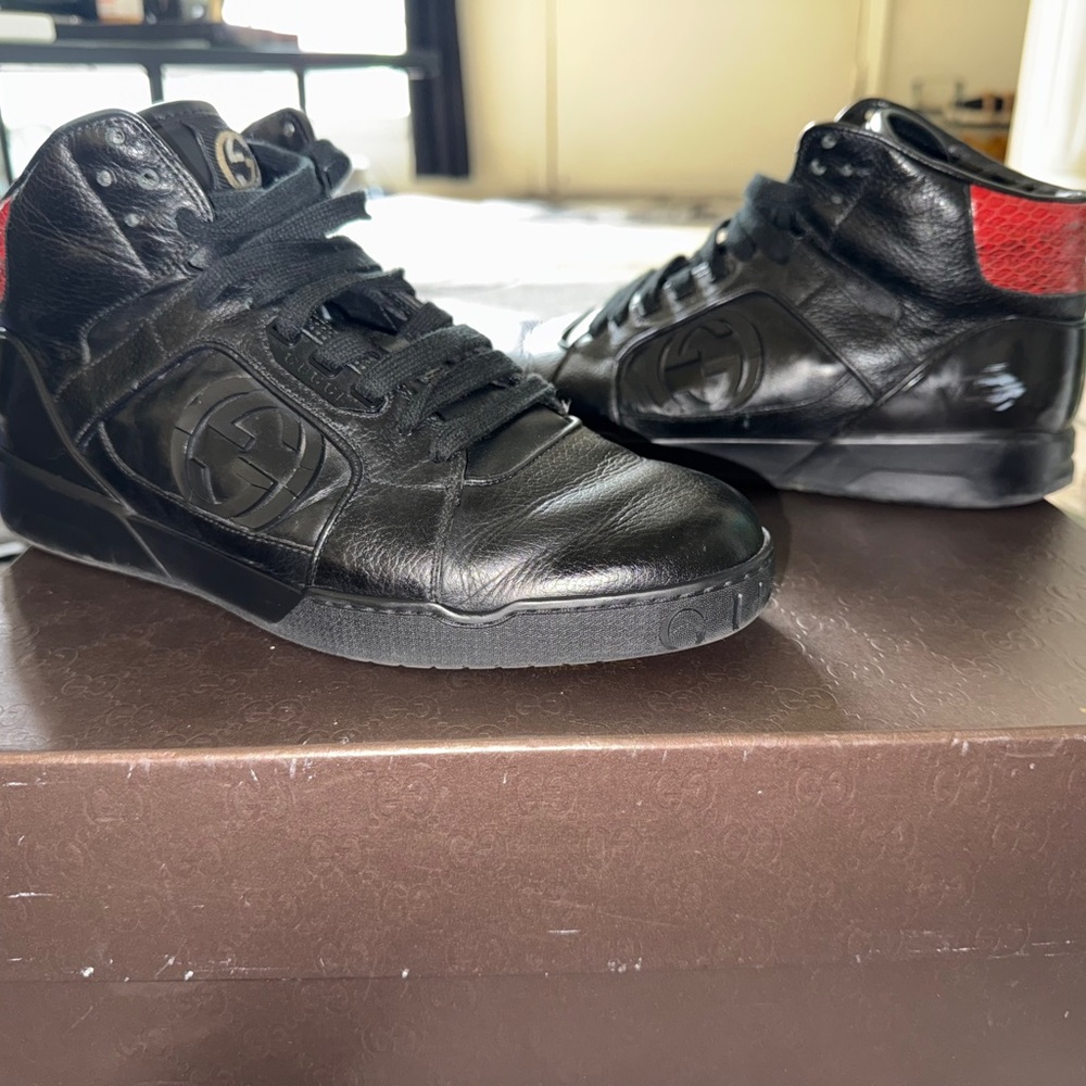 Gucci Black and Red Python Leather High-Top Sneakers
